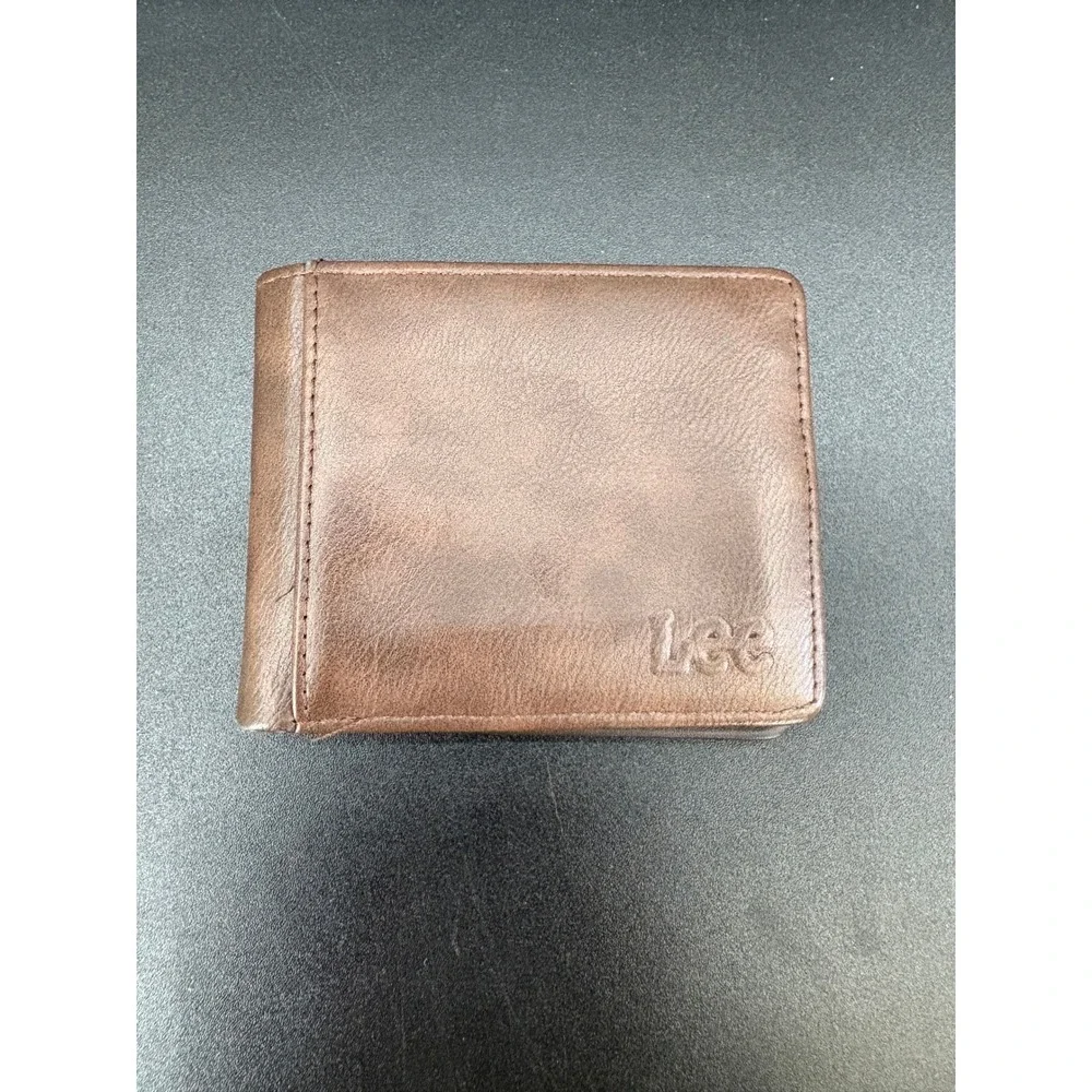 Lee Mens Bifold Wallet Brown Faux Leather Distressed Card Holder Logo Pocket